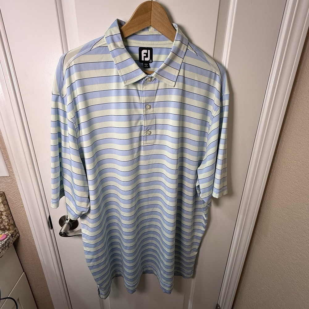 FootJoy FJ Golf Polo Shirt Mens 2XL Blue Yellow Striped Performance Golf